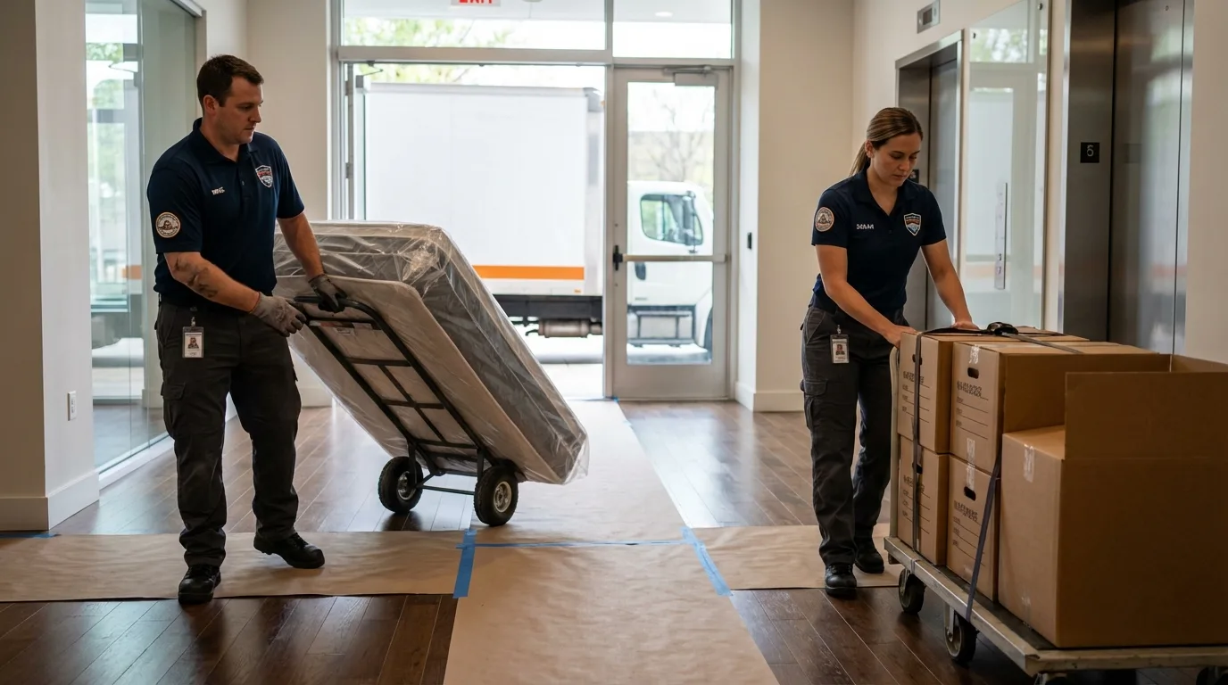 Professional apartment movers loading elevator in Aberdeen, WA