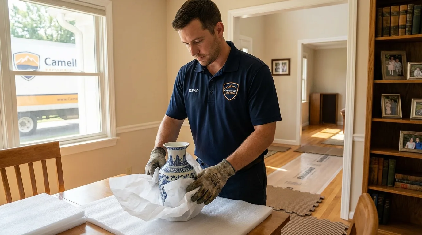 Professional crew carefully wrapping antique vase for senior downsizing move in Aberdeen, WA